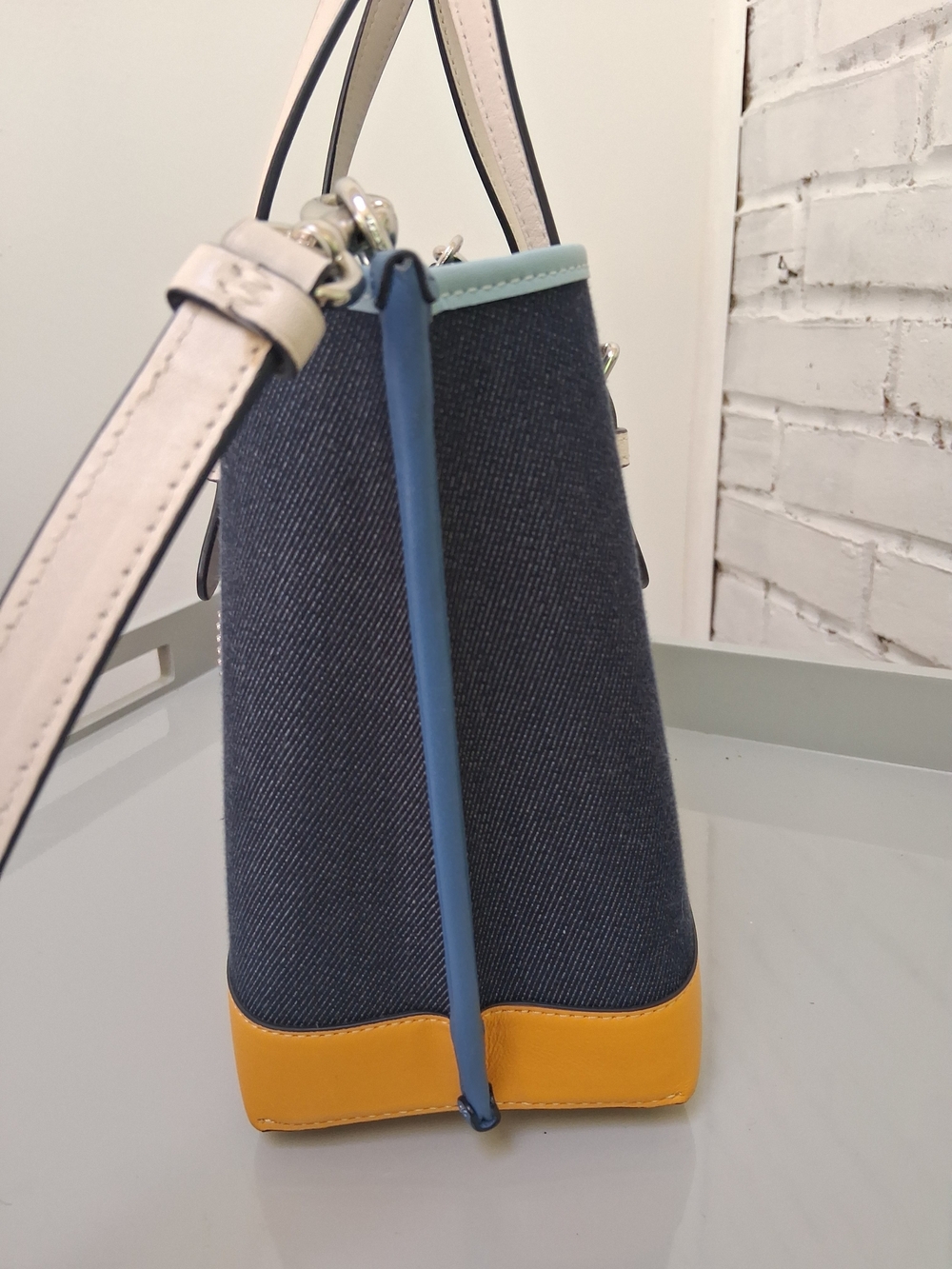 Authentic Coach Mollie Denim Color block Tote - Navy, Yellow & Light Blue - Picture 5 of 14